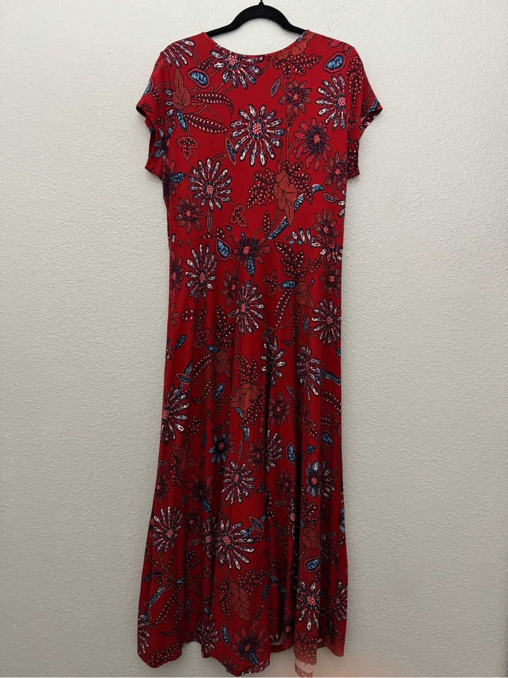 Chaps Red Floral Print Maxi Dress Short Sleeve Cotton XL Boho Western Americana - Picture 8 of 13